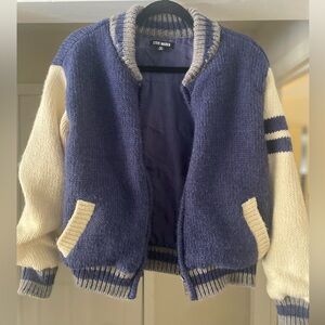 Steve Madden Knit Varsity Bomber Jacket Blue Cream Medium
